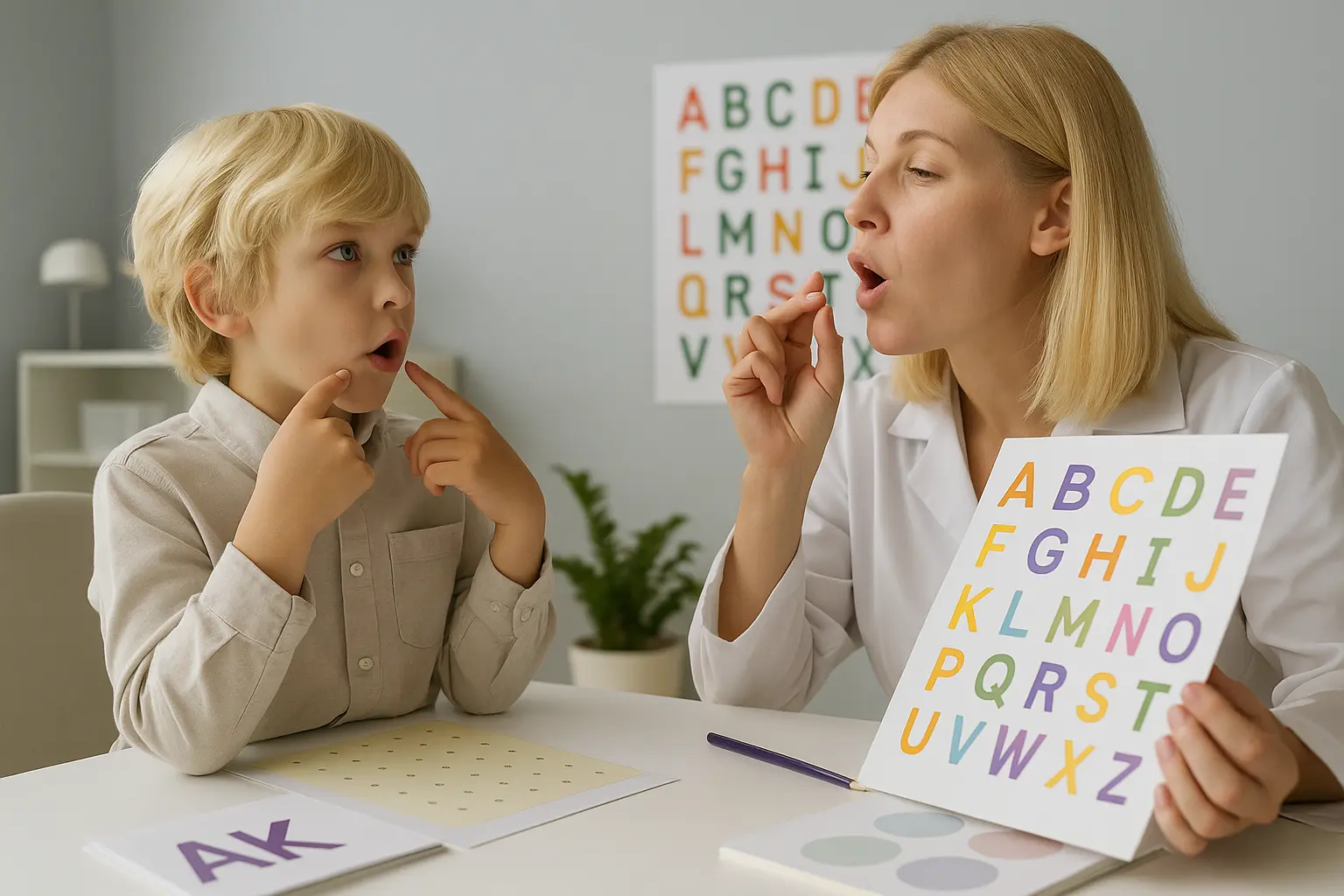 Sesión de logopedia en Alcorcón entre una logopeda y un niño